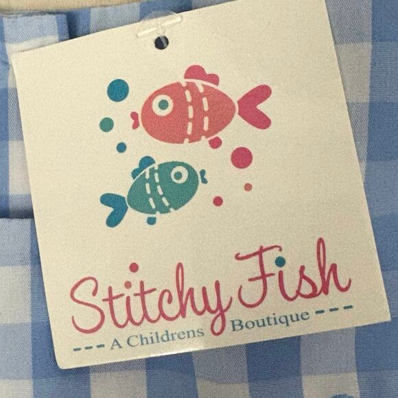 Stitchy Fish Baby Girl 12M Blue Gingham Dress Embroidered Apples Pencils School - Picture 6 of 6